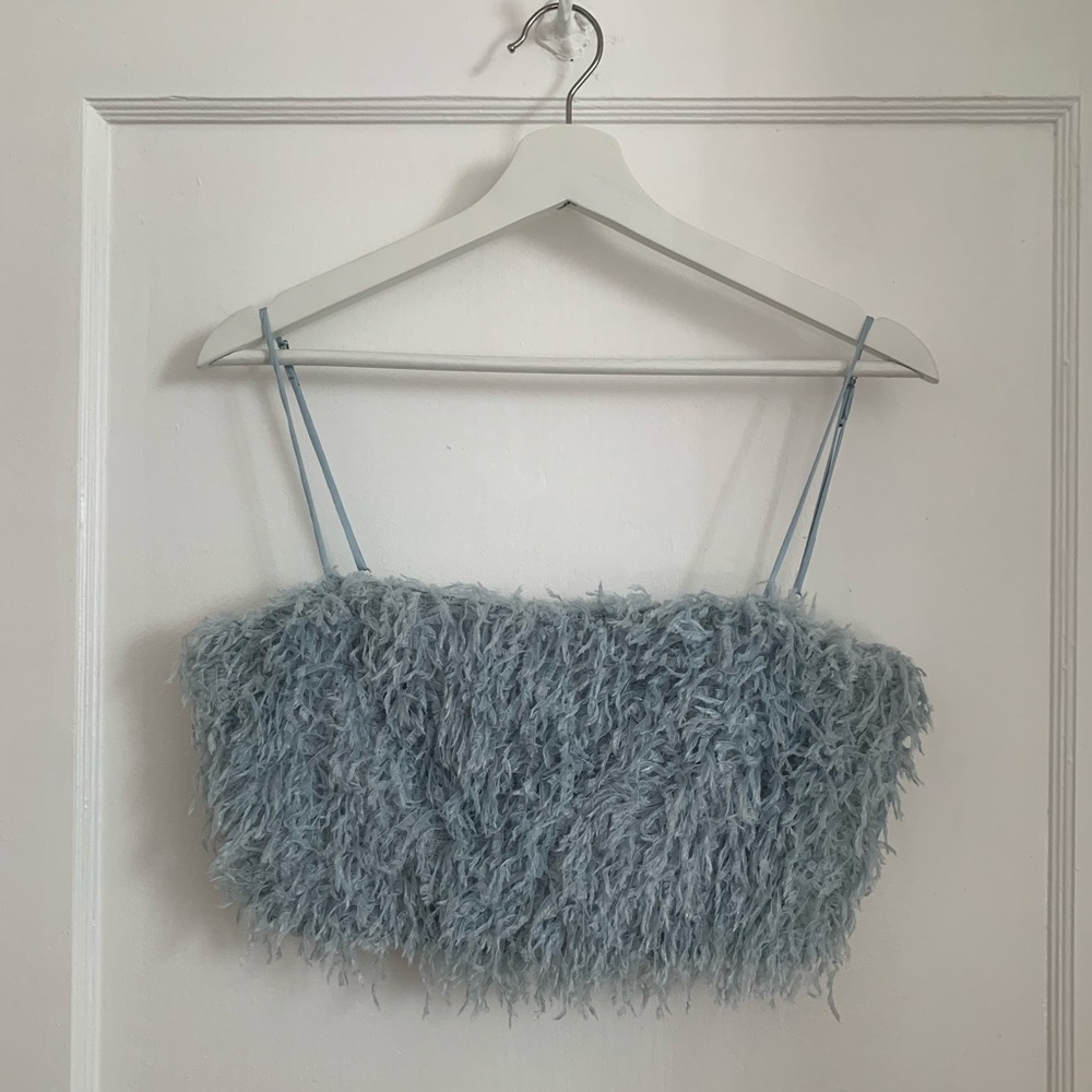 Baby blue feather crop top from Zara.